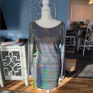 Holographic Sequin Long Sleeve Dress